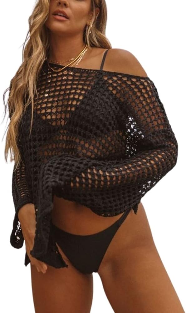 Meyeeka Crochet Cover Ups for Women Sexy Hollow Out Swim Cover Up Knit Summer Outfits Black