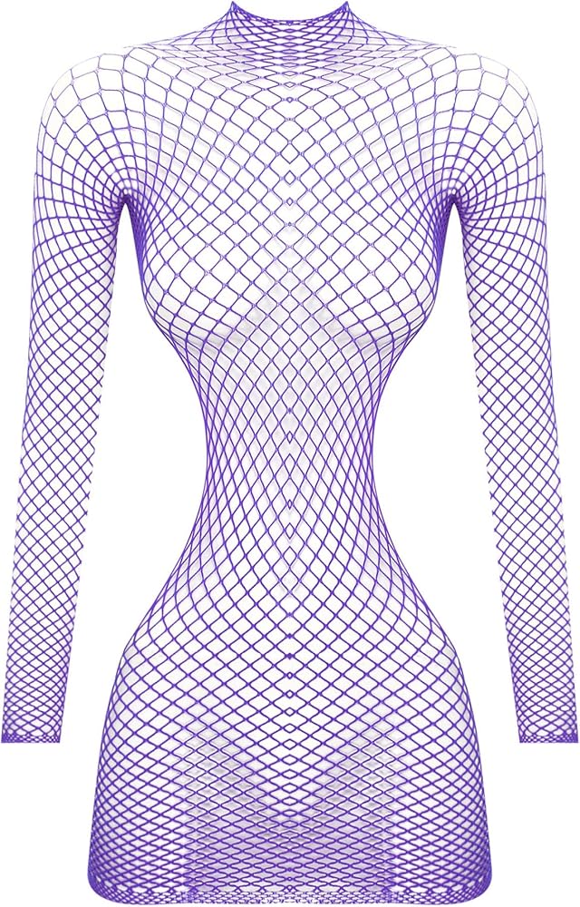 YiZYiF Womens See Through Fishnet Lingerie Dress Long Sleeve Mesh Chemise Swimsuit Bikini Cover Up