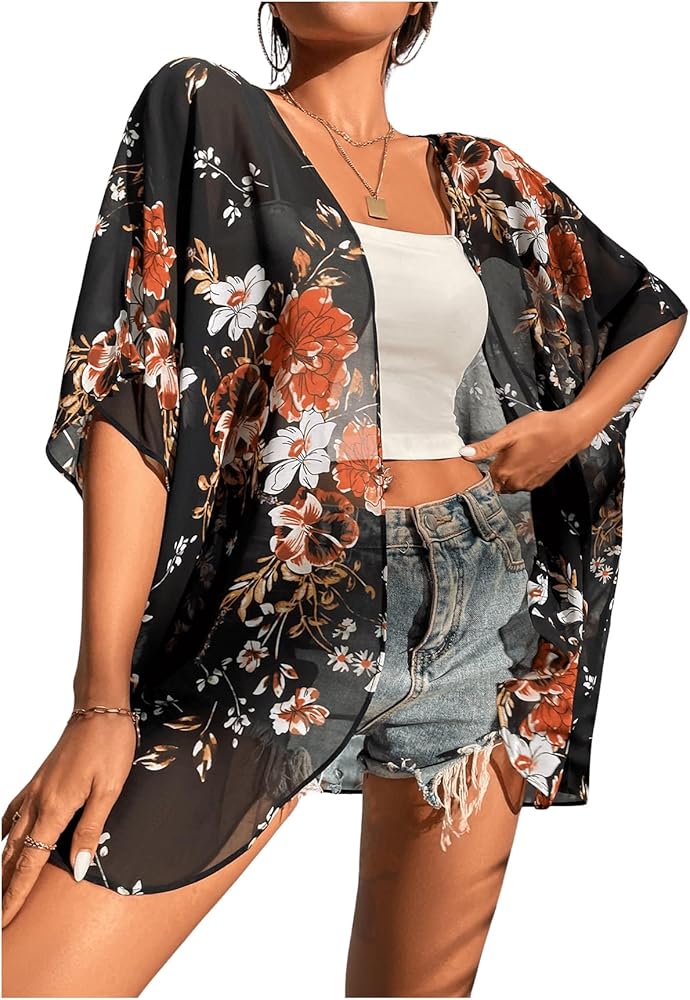 Verdusa Women's Floral Short Sleeve Open Front See Through Casual Loose Cardigan Kimono