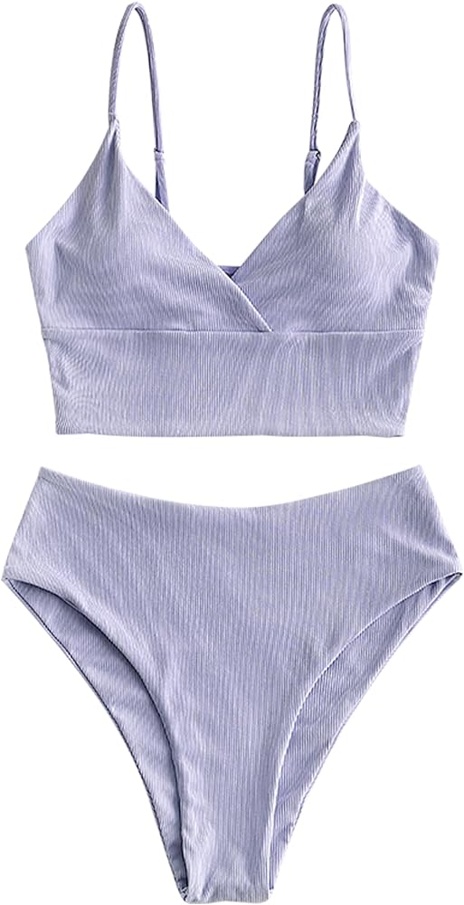 ZAFUL Women's V Neck Tankini Set, Ribbed High Cut Surplice Bikini High Waisted Two Piece Swimsuit