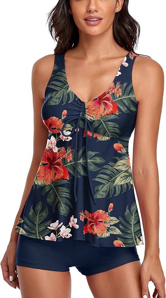 Modest Tankini Swimsuits for Women Two Piece Bathing Suits Floral Print Tank Top with Boyshorts