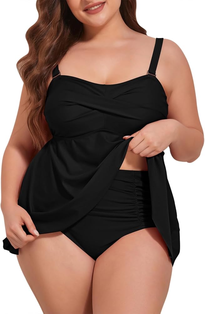 Kisscynest Women Plus Size Tankini Swimsuits Two Piece Flowy Swimdress Tummy Control Bathing Suit XL-4XL