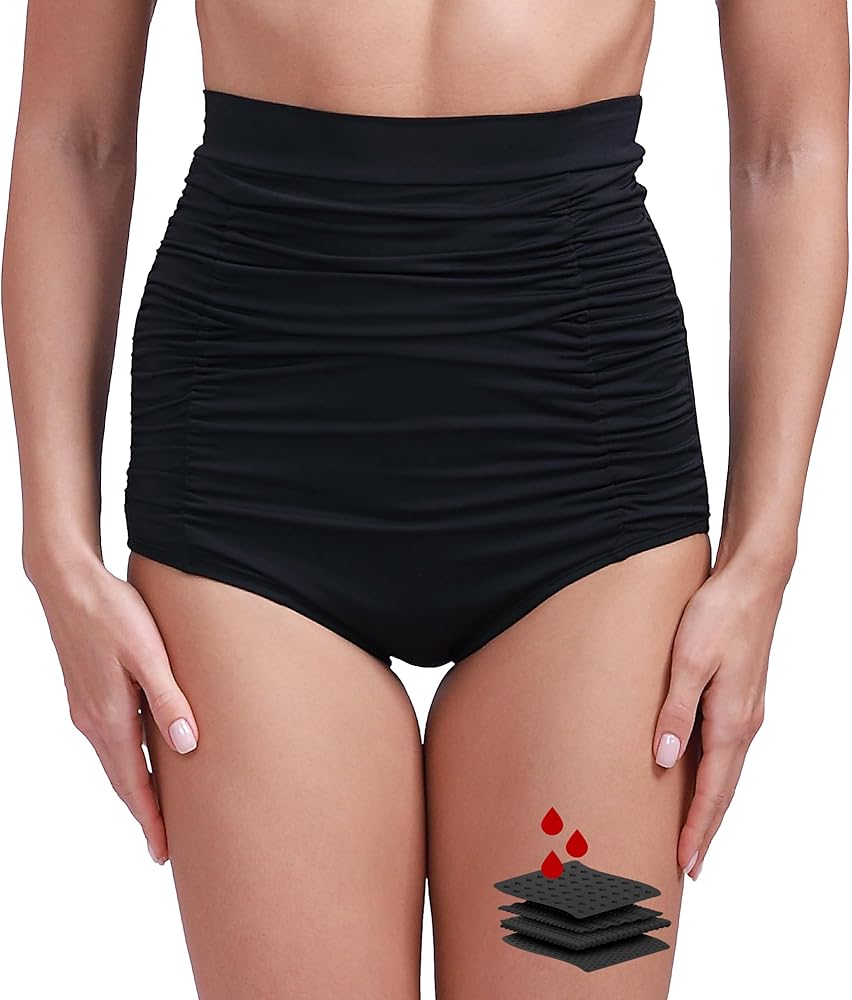 Period Swimwear-Women's Mid Waisted Swim Skirt Tummy Control Ruched Drawstring Swimsuit Bottom with Built in Panty