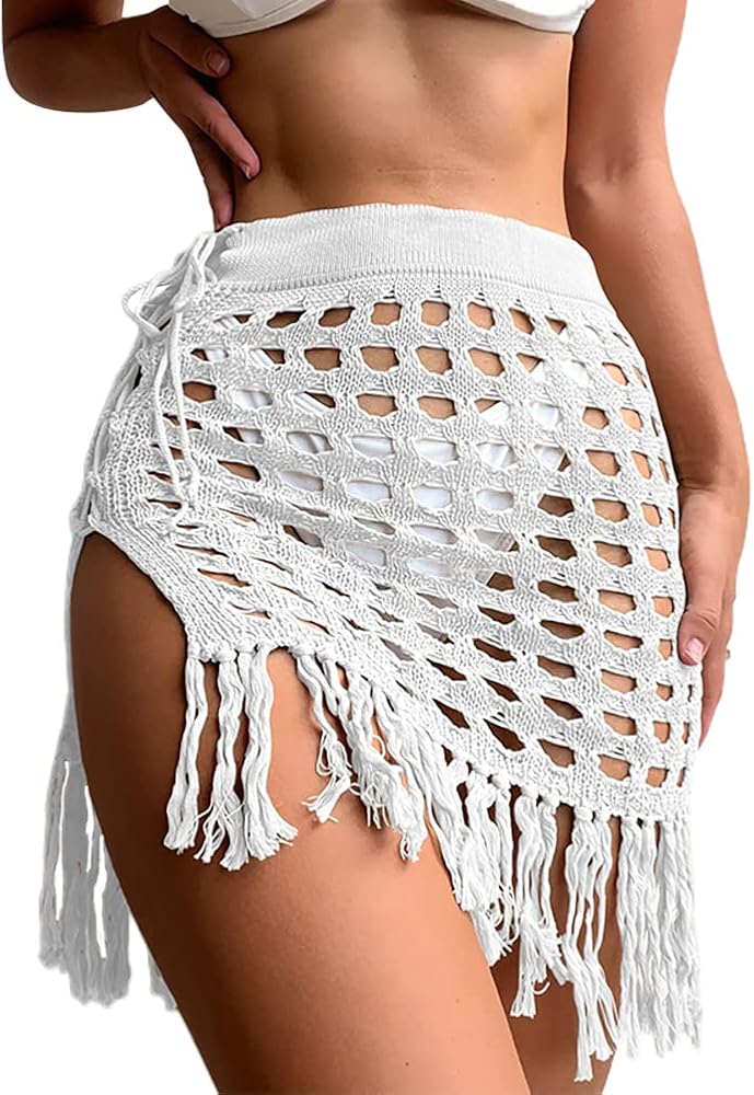 IDOPIP Women's Crochet Cover up Hollow Out Beach Sarongs Coverups Fringe Tassel Bikini Wrap Skirt Sheer Swimsuit Bathing Suit