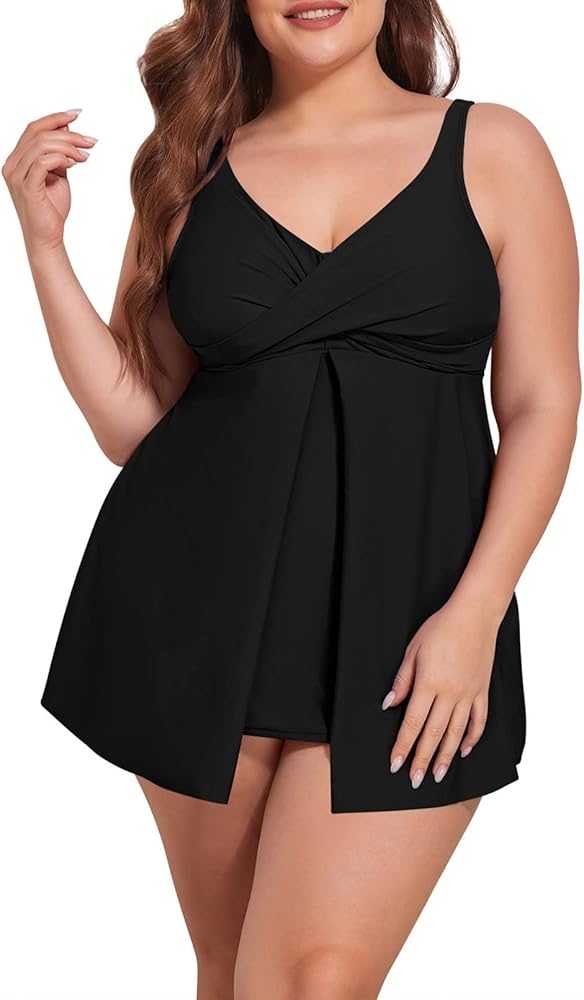 Sovoyontee Women Plus Size Tankini Swimsuit Two Piece Flowy Swim Dress Twist Front Bathing Suits Tummy Control Swimwear