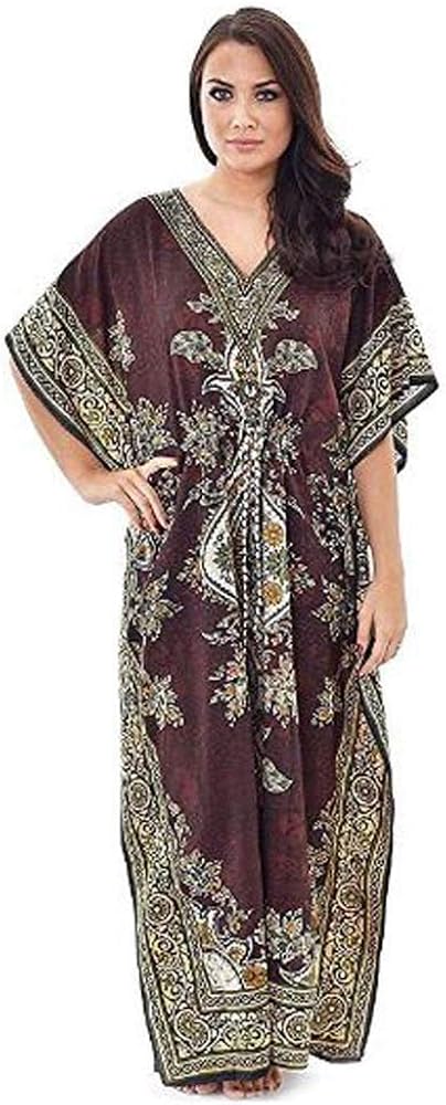 Sharvgun Women's Long Kaftan V-Neck Kimono Tunic, Tribal Ethnic Print, Kaftan Beach Maxi Dress One Size Brown