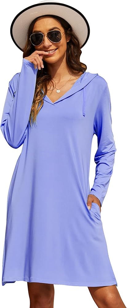 Womens UPF 50+ Cover-Up Dress Beach SPF Sun Protection Long Sleeve Shirts Dress Lightweight Athletic UV Hoodie