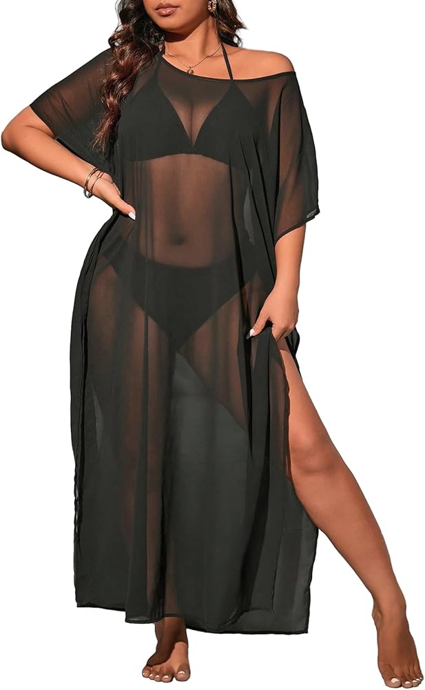 Floerns Women's Plus Size One Shoulder Sheer Mesh Split Thigh Loose Coverup Dress