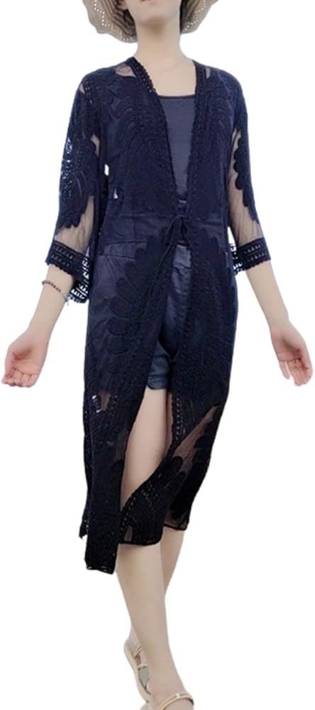 Women's Long Embroidered Floral Lace Kimono Cardigan 3/4 Sleeve Open Front Sheer Beach Cover Ups