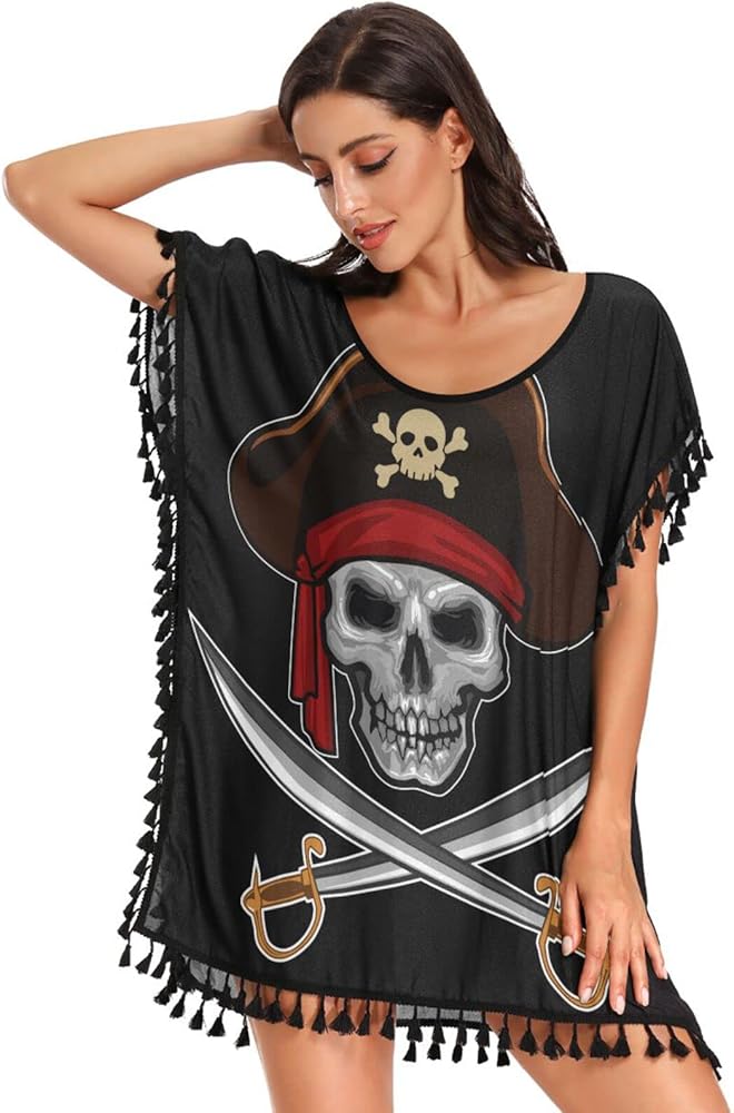 Pirates Skull Swimsuit Coverup for Women Plus Women's Bathing Suit Cover Ups for Swimwear Bikini Beach Dress,S