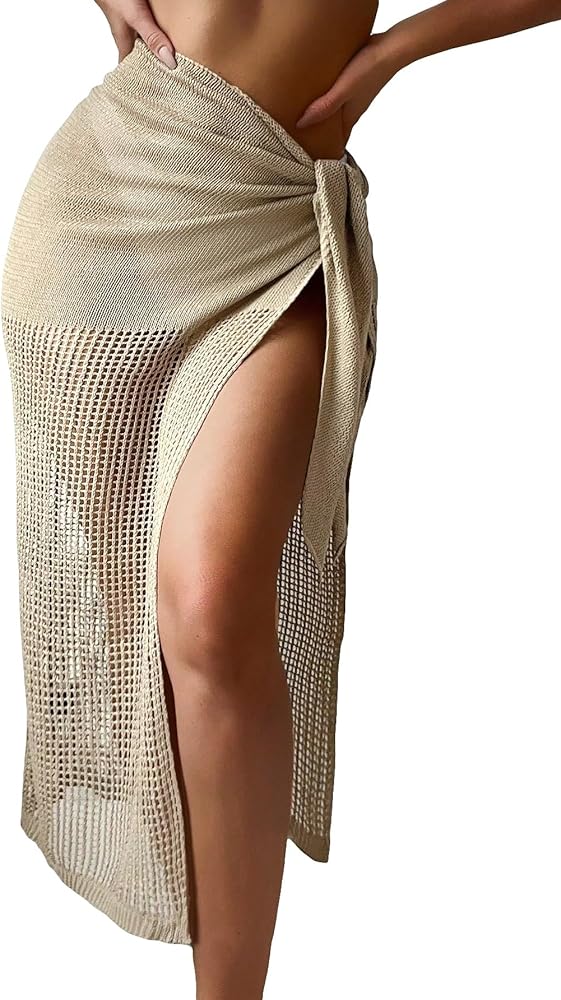 OYOANGLE Women's Crochet Sheer Swimsuit Cover Up Hollow Out Tie Side Long Beach Skirt