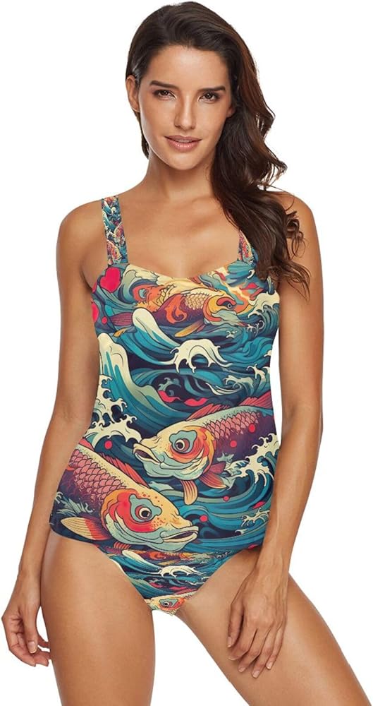 Koi Fish Tankini Swimsuits for Women Sexy Slimming Tummy Control Bathing Suits with Bikini Bottom,S