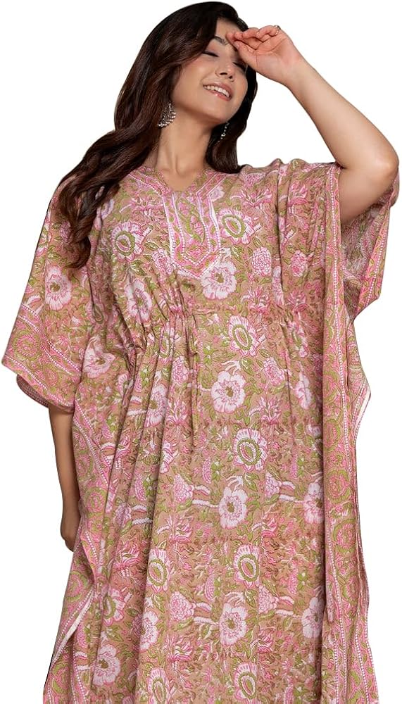 Indian Women's Cotton Handblock Kaftan, Long Sleeve, Floral Print, Sage Green