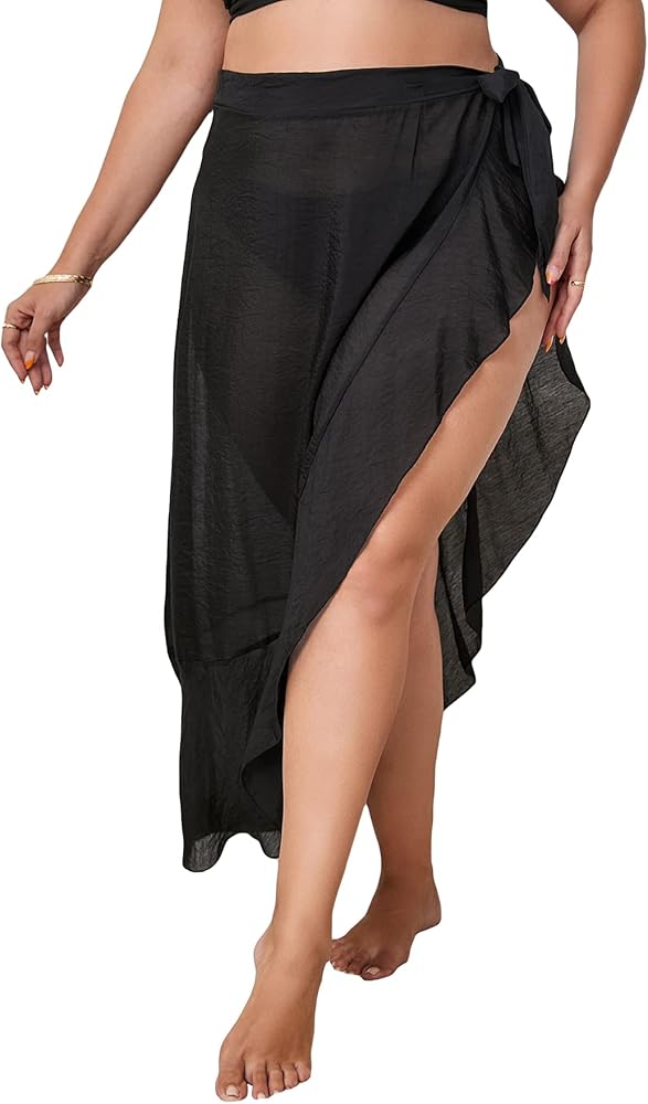 Milumia Women's Plus Size Knot Side Cover Up Skirt Ruffle Trim Split Hem Beach Skirts