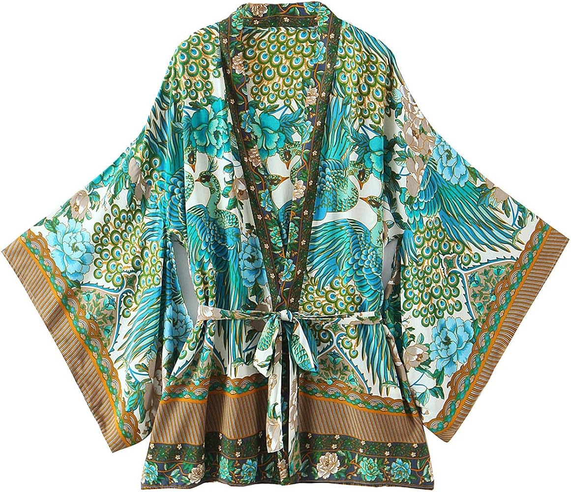 Women's Kimono Boho Floral Peacock Print Open Kimono Cardigan Swimwear Cover Ups