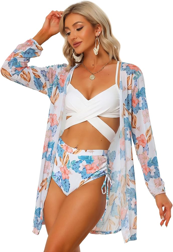 Allegra K Women's 3 Piece Swimsuit Hawaiian Tropical Floral Bikini Set with Kimono Cover Up