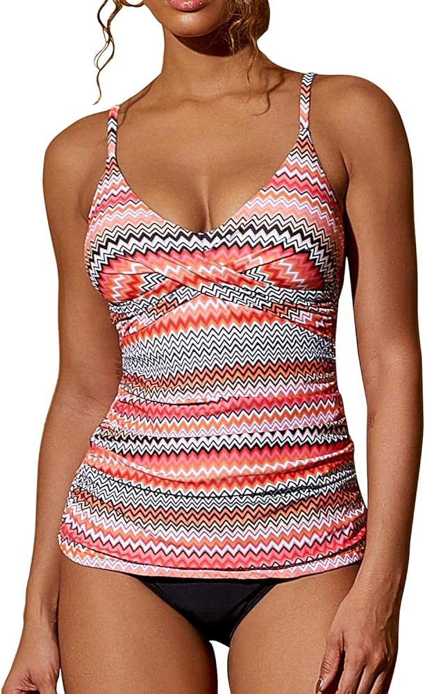 Women‘s Swimsuit Tankini Ruched Tummy Control V Neck Bathing Suits Twist Front Two Piece Swimwear