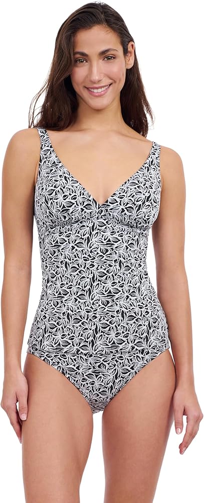 Profile by Gottex Women's Standard Plumeria Textured Black and White Leafy Print D Cup Tankini Bathing Suit Top Swim Essential