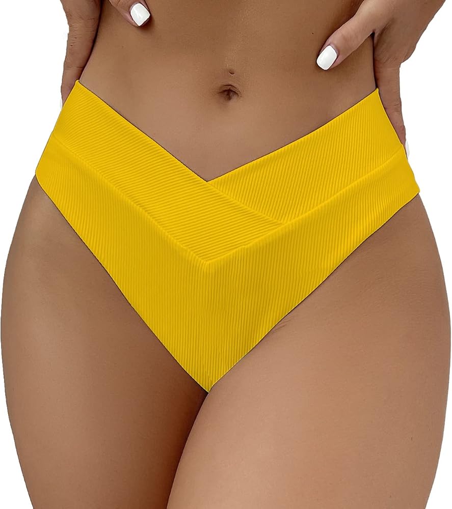 Leoparts Women's V Cut High Waisted Bikini Bottom Ribbed High Cut Cheeky Swimsuit Bathing Suit Bottoms