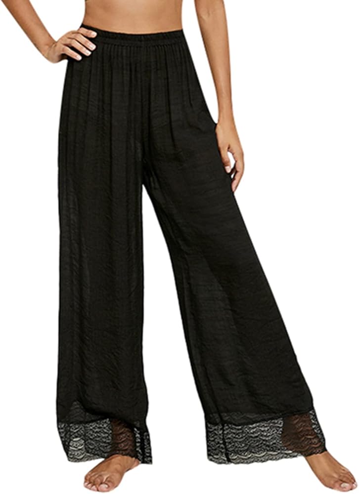 RUEWEY Women Cotton Linen See Through Cover up Pants Bikini Bottom Wide Leg Palazzo Pajamas Trousers