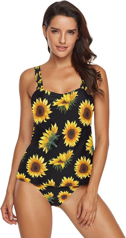 Sunflower 2 Piece Women Tankini Swimsuit Tummy Control Sport Bathing Suit with Bikini Bottom