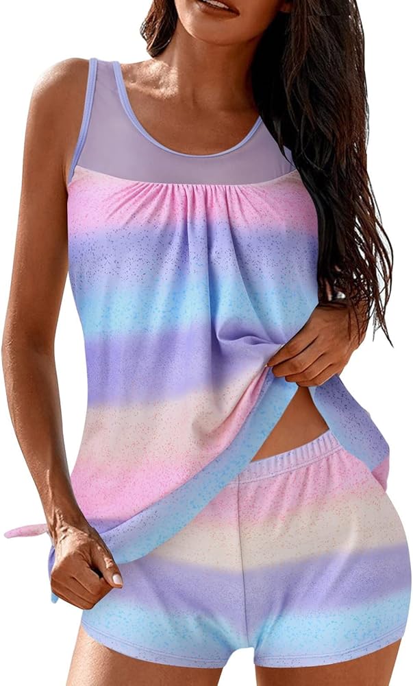 Tankini Swimsuits for Women Two Piece Tummy Control Bathing Suits Blouson Tankini Top with Sporty Boy Shorts Swimwear