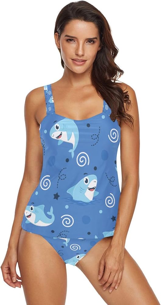 Sharks 2 Piece Women Tankini Swimsuit Tummy Control Sport Bathing Suit with Bikini Bottom