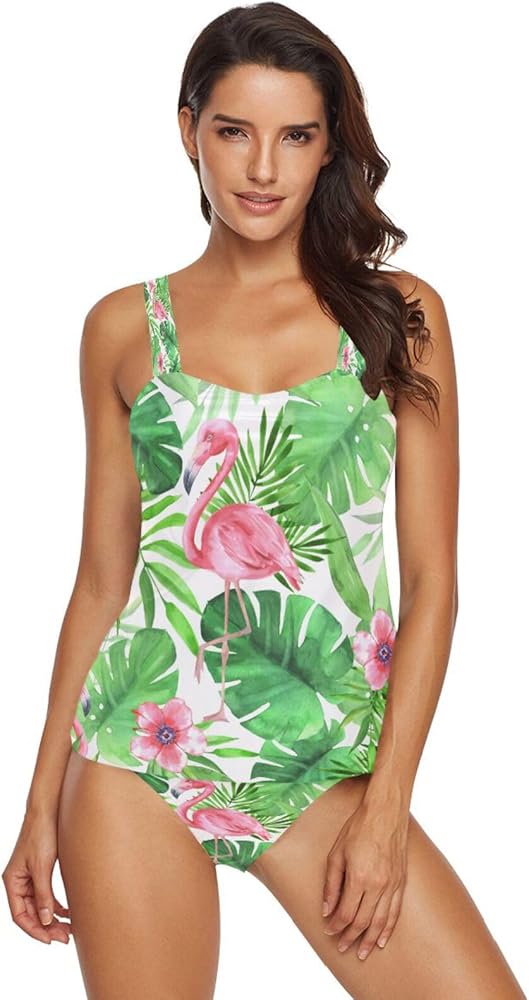 Palm Leaves Flamingo 2 Piece Women Tankini Swimsuit Tummy Control Sport Bathing Suit with Bikini Bottom