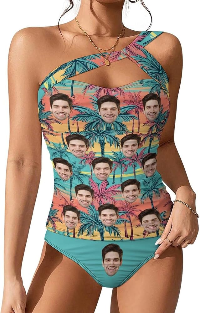 Custom Face Women's Two Piece Swimsuits Sunfowers Tummy Control Bathing Suit One Shoulder Tankini Top with Bottoms