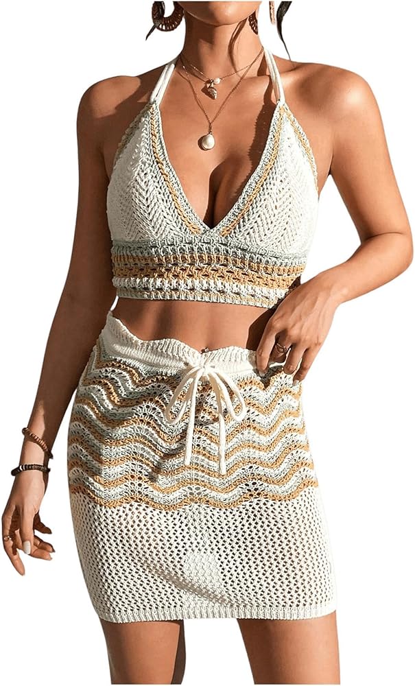 Verdusa Women's Hollow Out Knit Beach Cover Up Sets 2 Piece Crochet Halter Top and Skirt