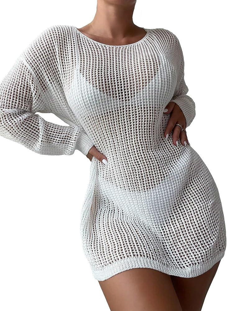 Milumia Women's Crochet Swim Cover Up Dress Long Sleeve Split Side Knitted Swimsuit Coverups