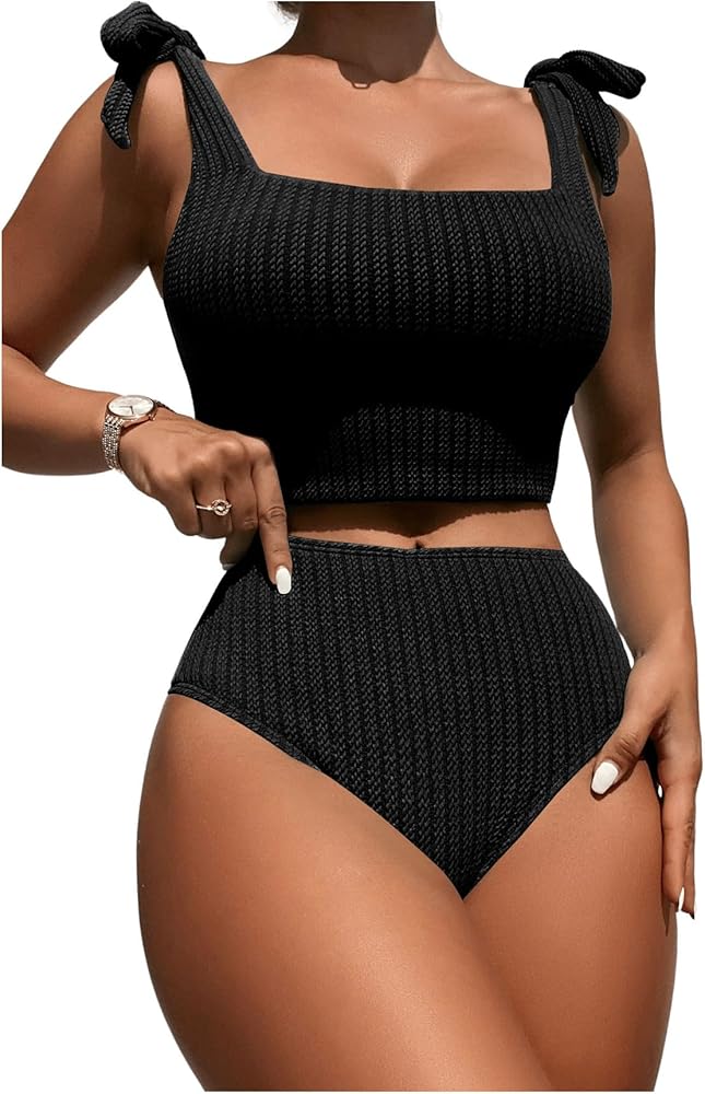 QWINEE Women's 2 Pieces Swimsuits Textured Tie Shoulder Strap Bikini Top and High Waist Bottom Sets Black Small