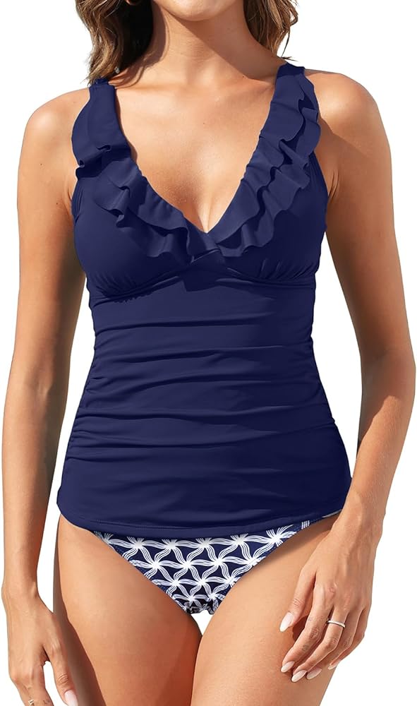 Yonique Womens Two Piece Swimsuits Ruffle Flounce Tankini Tummy Control Bathing Suits V Neck Swimwear