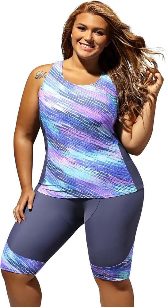 Women Plus Size Surf Swimwear Rash Guard Swim Capris Tankini Swimsuit