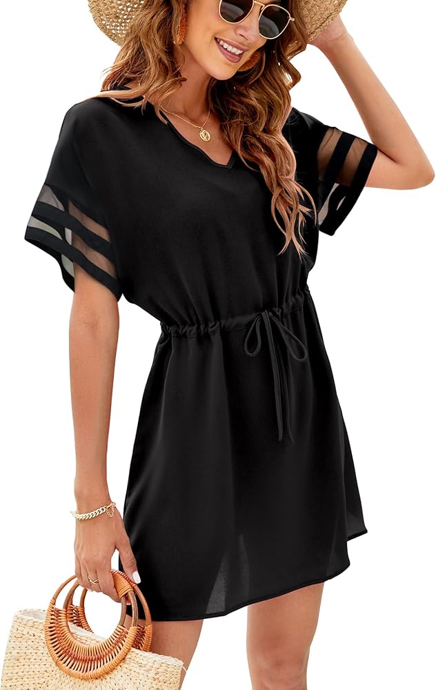 Bluetime Women Swimsuit Coverup V Neck Casual Summer Chiffon Cover Ups Flowy Short Sleeve Mini Beach Dress