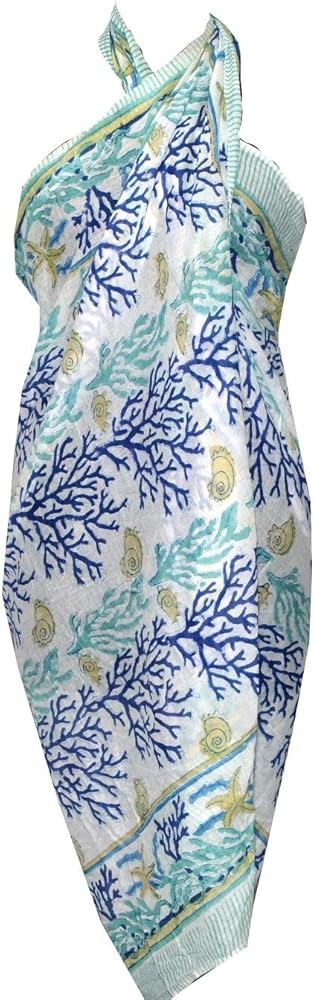 Floral Print Cotton Sarong Hand Block Print Long Scarf Fashion Pareo Beach Wear Gift for Her Blue, Large