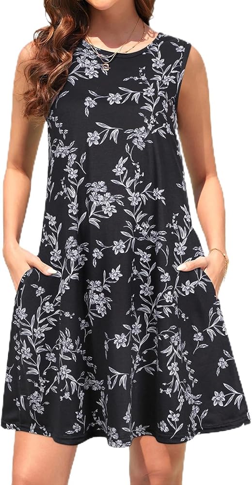 Tanst Sky Women Summer Sleeveless Damask Print T-Shirt Dress with Pockets(S-3XL)