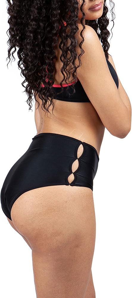 Period Swimwear - Black Menstrual Leakproof Bikini Bottom - Slotted High Waisted Swim Bottoms for Teens, Girls, Women