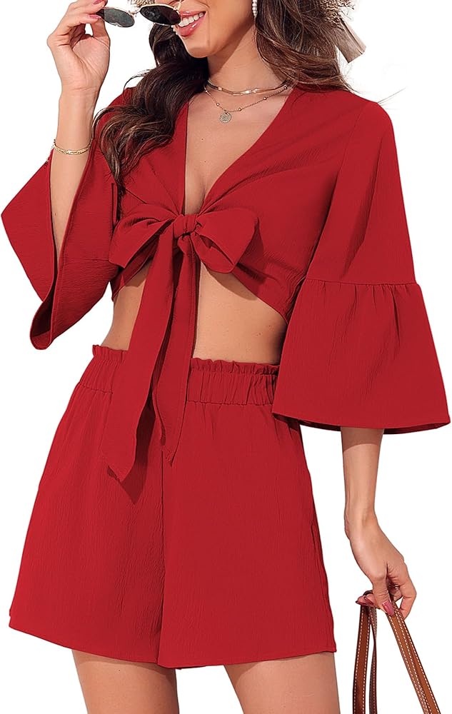 ZAFUL 2 Piece Outfits Rompers for Women Dressy Spring Summer Sets Vacation Tie Knot Front Sexy V Neck Jumpsuits with Pockets