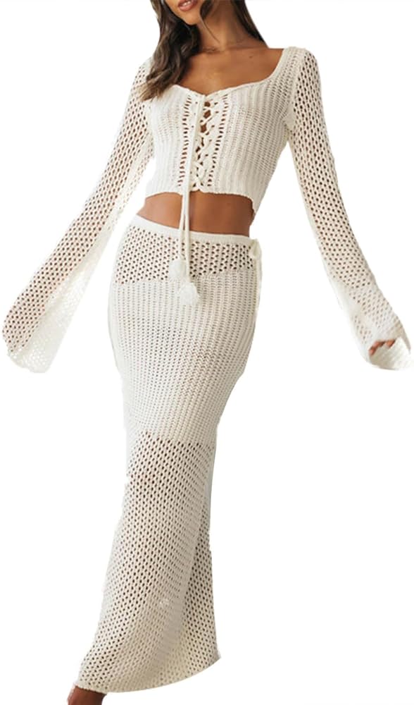 Women Crochet Knitted Skirts Set Hollow Out Lace up Swimsuit Cover Ups 2Pcs Knitted Outfits Set Swim Beachwear (White #6A, M)