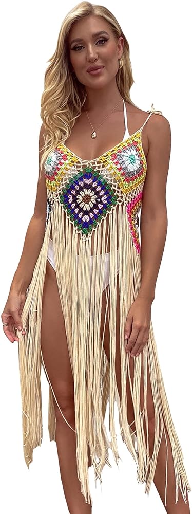 Floerns Women's Fringe Hem Spaghetti Strap Beach Bathing Suit Cover Up Dress