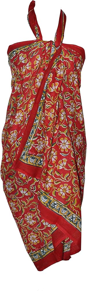 Indian Hand Block Print Beach Sarongs Soft Voile Fabric Summer Pareo Large Scarf Gift for Her Red