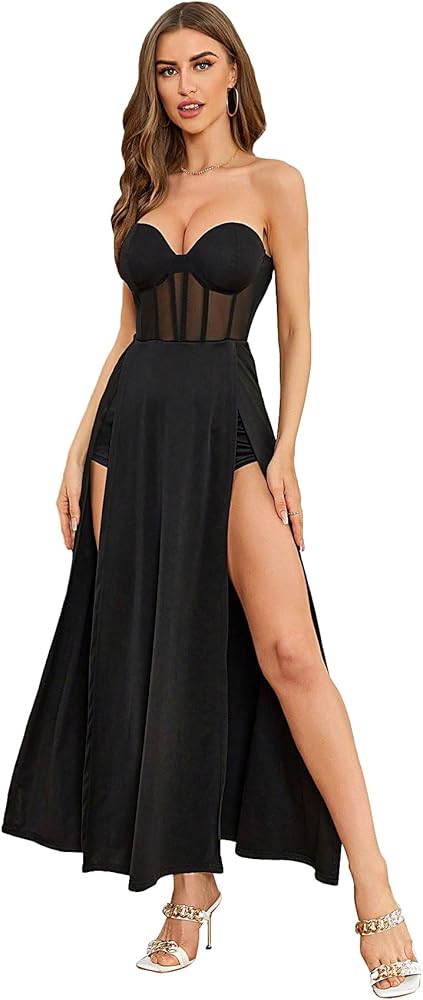 WDIRARA Women's Contrast Mesh Bandeau Dress Split Thigh Backless Sleeveless Semi Sheer Flowy Maxi Dress