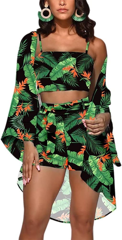 Women's Hawaiian 3 Piece Outfits Sets Floral Blouse Swimsuit Cover Ups Halter Bikini Top Mini Short Summer Beachwear