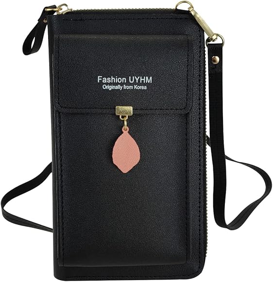 FuninCrea Bolso Teléfono Movil Tres Capas, Bolso Movil Mujer con Cremallera y Colgante de Hojas de Metal, Bolso Bandolera Pequeño Moda Bolso Bandolera Móvil para Móvil, Llave, Tarjeta (Negro)