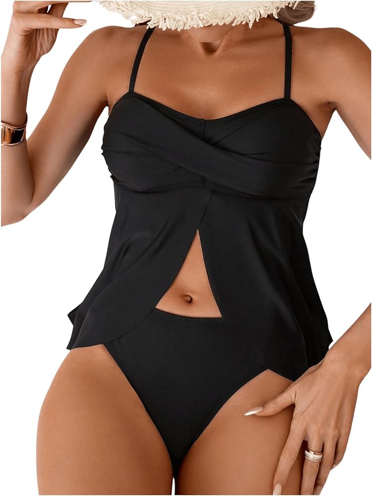 MakeMeChic Women's Two Piece Twist Front Tankini Swimsuit Ruffle Split Bathing Suit