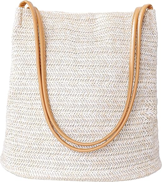 Bolso de Paja Mujeres al Aire Libre Playa Mano Hechas Bolsa de Playa Totes Estilo boho Summer Beach Purse para Viajar Fecha Vacaciones y Uso Diario Beige