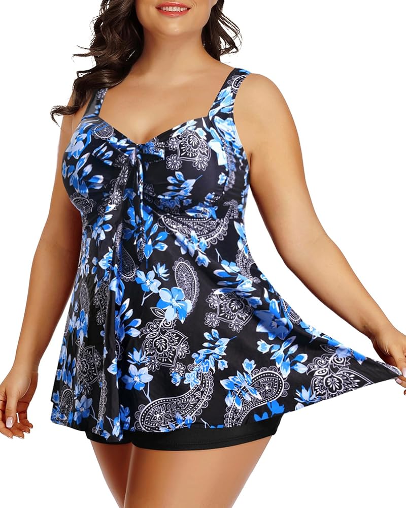 Holipick Two Piece Plus Size Tankini Swimsuits for Women Tummy Control Swim Top with Shorts Long Flowy Bathing Suits