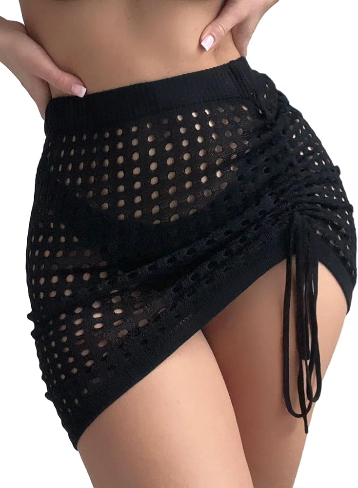 SHENHE Women's Crochet Cover Ups Hollow Out Drawstring See Through Mini Skirt