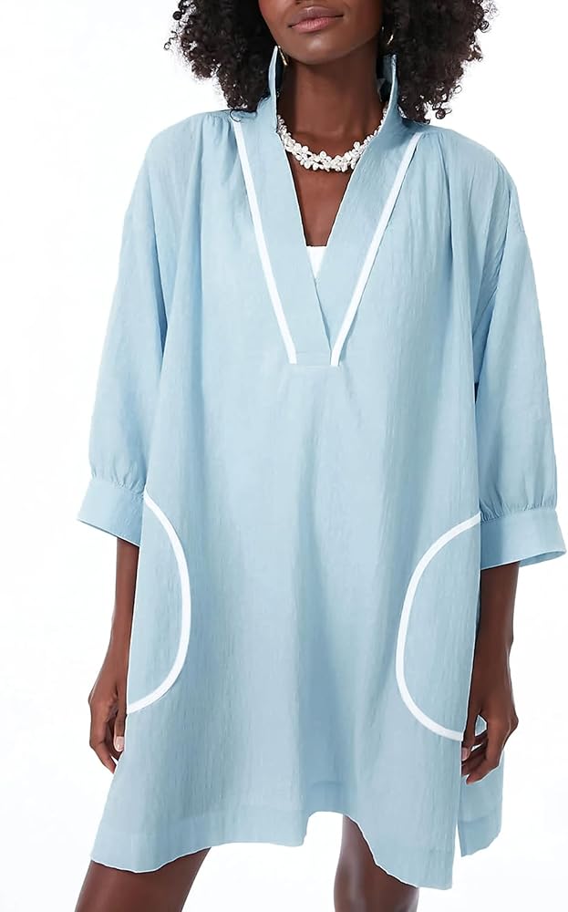 Ailoqing Swimsuit Coverup Womens V Neck 3/4 Sleeve Casual Shirt Dress with Pockets